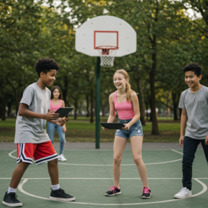 Jongeren basketballen met een tablet